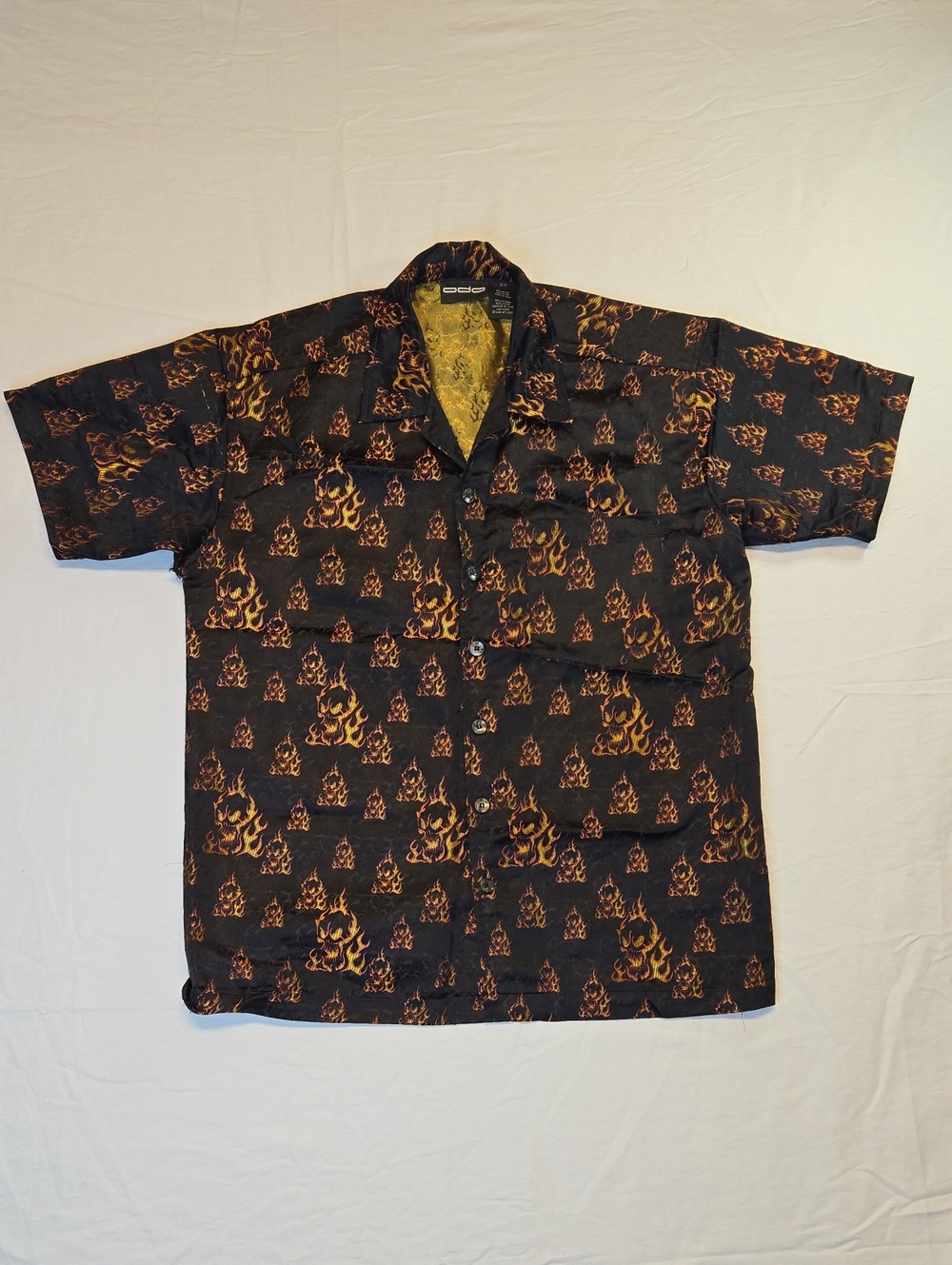 Odo Black Flaming Skull Graphic AOP Short Sleeve Button Down Shirt Vintage Y2K